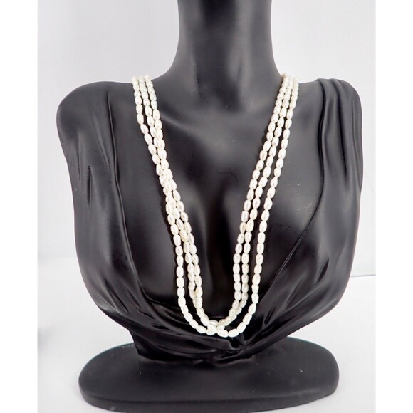 Genuine Fresh Water Rice White Pearls 3 Strand Necklace Box Clasp Vintage 24" - Picture 1 of 15